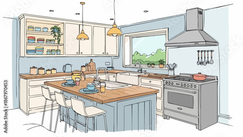 Modern Kitchen Interior Design Sketch with Island and Appliances.