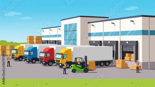 Modern warehouse with loading docks and delivery trucks.