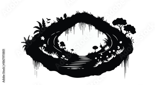 Mysterious silhouette of an enchanted forest path leading into a dark, magical cave.