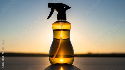 Spray bottle with yellow liquid on a table at sunset