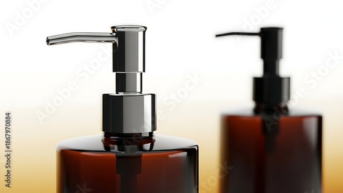 Two brown bottles with silver and black pumps on a gradient background