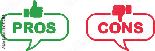 Green thumbs up pros speech bubble and red thumbs down cons speech bubble on a white background good