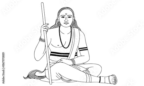 Adi Shankara Vector Line Art, Great Indian Philosopher and Theologian Illustration, Adi Shankaracharya Portrait in Meditation Pose, Advaita Vedanta Sage Icon for Spiritual Design Projects