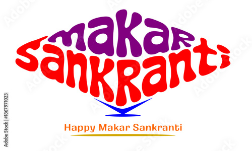 Happy Makar Sankranti Typography Design, Colorful Stylized Text Logo for Indian Kite Festival, Creative Lettering on White Background, Traditional Hindu Celebration Graphic Illustration
