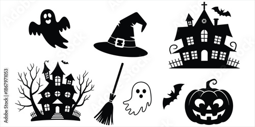 Halloween Icons Silhouette Collection Ghost Witch Hat Haunted House Pumpkin Bat Keywords: halloween, ghost, witch hat, haunted