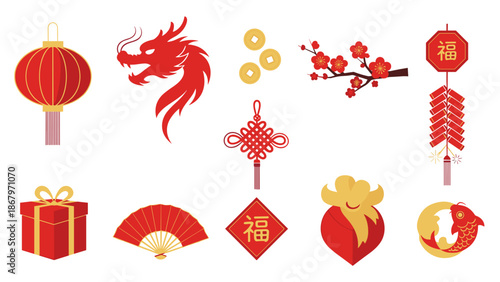 Collection of traditional chinese new year symbols and decorations