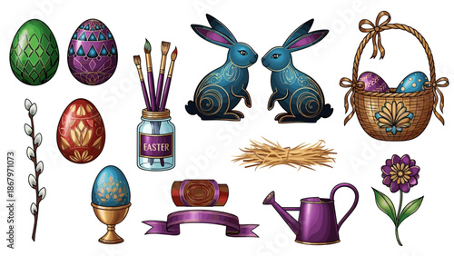 Easter eggs, bunny figurines, basket, flowers, and decorative items