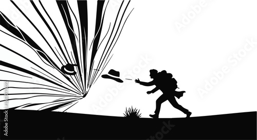 Silhouette of a person reaching for a hat blown away by a strong gust of wind from an open book.