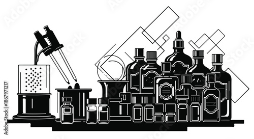 Vintage laboratory glassware and bottles, representing scientific research and discovery.