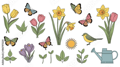 Collection of colorful spring flowers butterflies and gardening tools