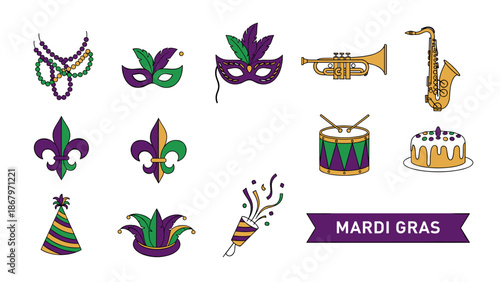 Set of colorful mardi gras masks musical instruments and celebration