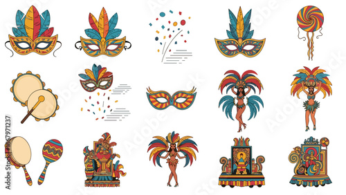 Colorful traditional carnival masks and festive decorations collection