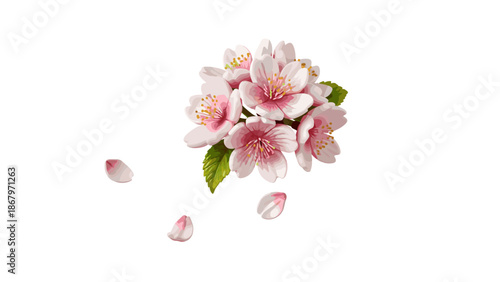 Beautiful pink cherry blossom flowers with green leaves