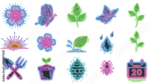 Collection of colorful nature and seasonal icons with floral elements