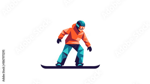 Young man snowboarding slope wearing winter gear and helmet