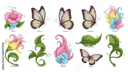 Collection of colorful fantasy fairy and butterfly illustrations