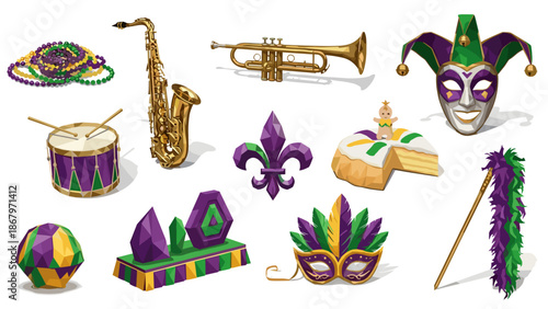 Collection of colorful mardi gras masks and accessories for celebration