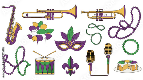 Collection of colorful musical instruments and accessories for celebration