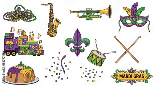 Colorful mardi gras celebration with masks, beads, and musical instruments