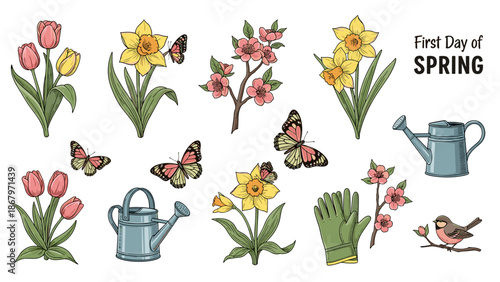Spring gardening flowers butterflies watering can gloves collection