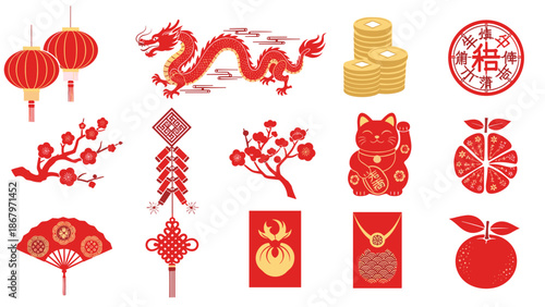 Collection of chinese new year symbols and festive decorations