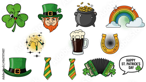 St patricks day celebration symbols with leprechaun hat and rainbow