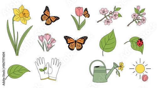 Collection of spring flowers butterflies and gardening tools