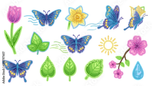 Collection of colorful butterflies flowers and leaves