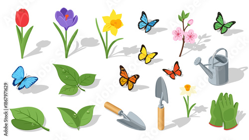 Collection of garden tools flowers butterflies and watering can