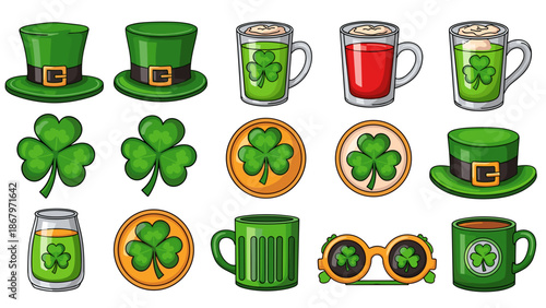 Set of st patricks day themed icons including hats drinks and shamrocks