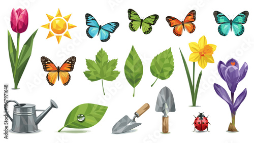 Collection of gardening tools flowers butterflies and leaves