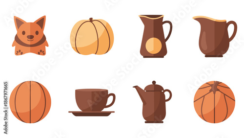 Set of cute autumn themed icons including pumpkin and leaves