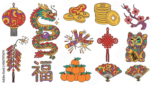 Collection of colorful traditional chinese new year decorations and symbols