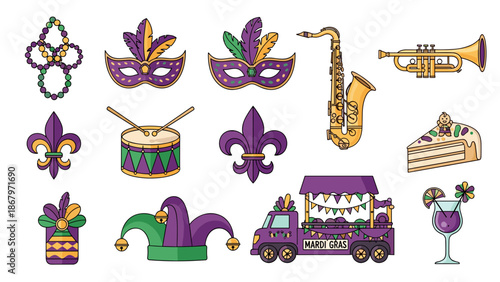 Set of colorful mardi gras masks, beads, saxophone, and parade items