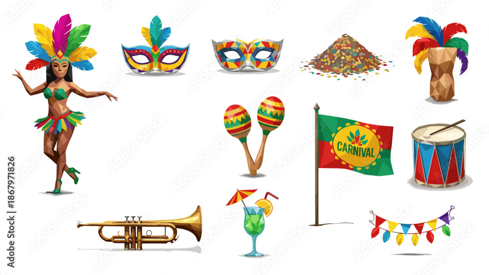 Fototapeta premium Colorful carnival costumes masks and musical instruments for celebration