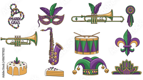 Colorful mardi gras masks musical instruments and decorations