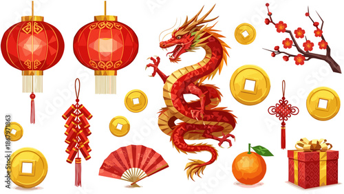 Chinese new year celebration decorations with dragon lanterns and gifts