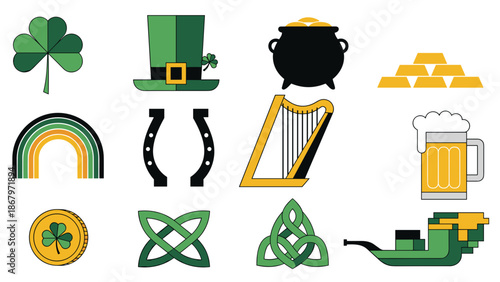 Set of st patricks day symbols including shamrock hat and rainbow