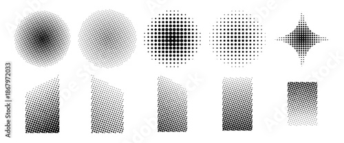 Set of abstract halftone dot textures. Collection of gradient screen tone patterns, radial circles, and noise shapes for comic shading