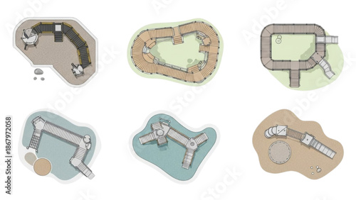 Bird's-eye view of modern playgrounds designed with unique structures and playful elements