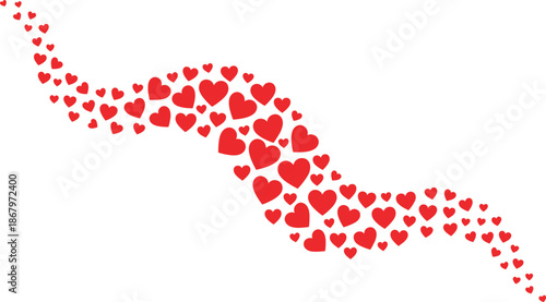 Flowing red hearts wave background, romantic love trail design, valentine celebration illustration isolated white copy space