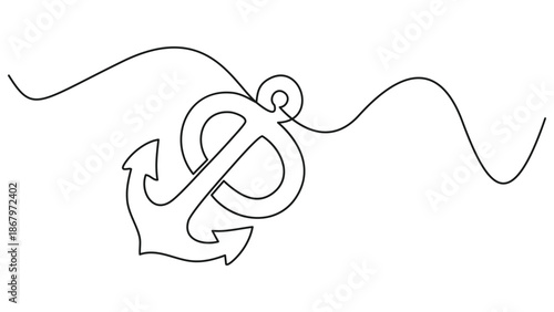 Modern single stroke line clean outline style circular nautical emblem with anchor