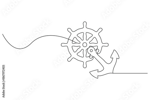 Minimal continuous one stroke drawing illustration ship steering wheel helm and anchor
