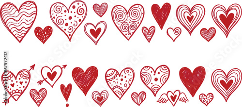 Hand drawn red heart doodles collection, sketchy love symbols patterns, romantic valentine illustration isolated white background set designs