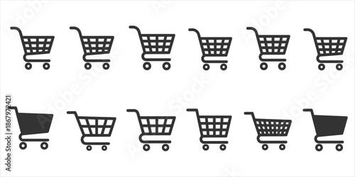 Row of Shopping Cart Icons in Black and White on White Background trolley basket