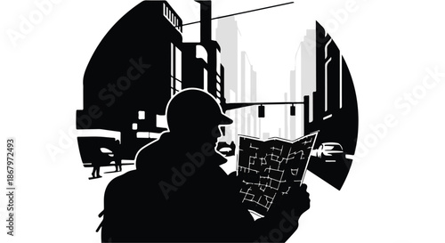 Silhouette of person studying a map in a bustling city at dusk