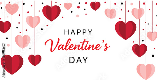 Happy Valentine’s Day greeting background, hanging red pink hearts pattern, romantic love celebration illustration isolated white