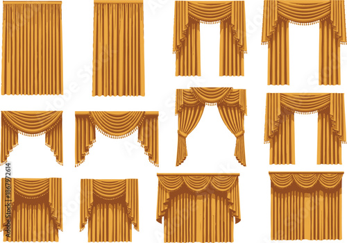 Various styles of golden drapery and curtains shown in a grid