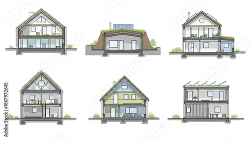 Cross-section illustrations of sustainable and modern house designs