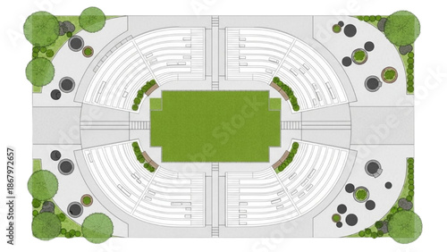 Top-down view of an outdoor amphitheater with tiered seating and green space